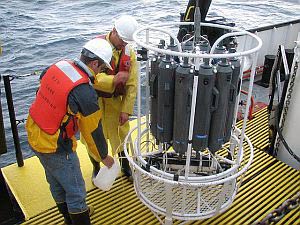 Rosette collects water samples at various levels for chemical analysis, data sheet shows the descent and when bottles open to collect sample at a specific depth